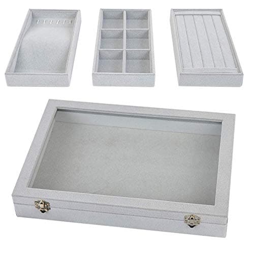 MILIJIA Stackable Jewelry Tray with Glass Lid, Drawer Insert Display Show Case, Dresser Organizer for Ring Stud, Necklace Holder Storage Box Chest, Light Grey