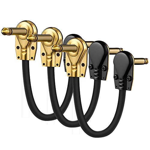 Jhua 6 Inch Guitar Patch Cables, Right Angle 1/4 Instrument Cable Ultra Quiet Effect Pedals Cords Low Profile R/A Gold Pancake TS Plugs 3 Packs - Black