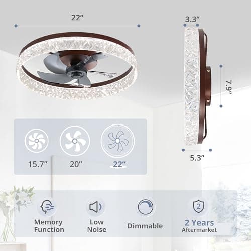 LEDIARY 22" Modern Ceiling Fans with Lights and Remote, Dimmable Low Profile Ceiling Fan, Flush Mount Fan, Stepless Color Temperature Change and 6 Speeds - Brown