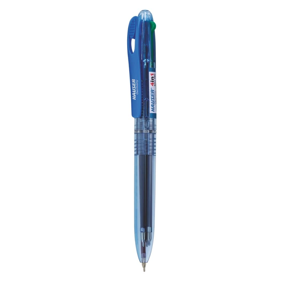 Hauser 4 In 1 Retractable Ball Pen Box Pack | Durable Transparent Body | 4 Ink Colors In One Pen | Low Viscosity Ink System | Acu Flow Writing System | Blue, Black, Red & Green Ink, Pack Of 4