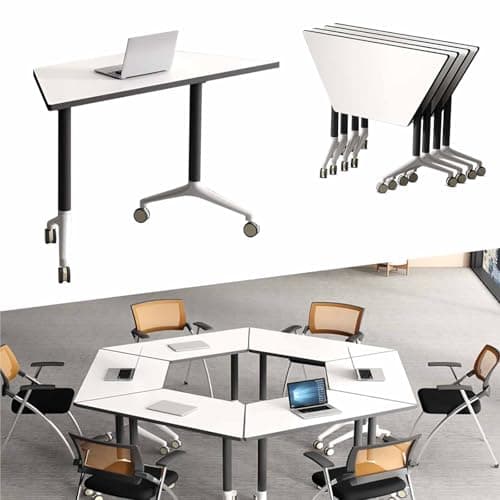 Foldable Conference Table, Flip Top Mobile Meeting Training Table, Modern Boardroom Desk with Silent Locking Wheels Foldable Trapezoid Seminar Desk for Office Conference, Meeting Room