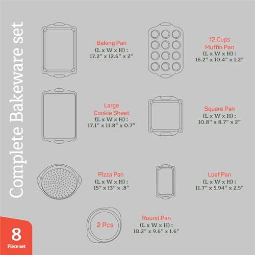 Baking Pan Set - Nonstick Coating, Carbon Steel Bakeware Set with Red Silicone Handles, PFOA, PFOS, PTFE Free, Recipe Booklet Included, Oven Safe Tray (Up To 450° F), Set of 8 - Black