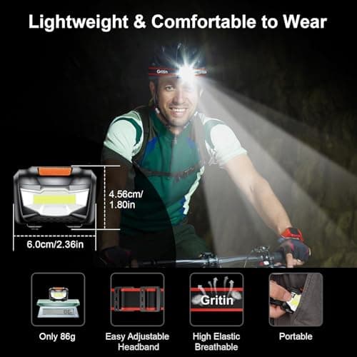 Gritin LED Head Torch, [2 Pack] COB Headlamp Super Bright Headlight, Adjustable with 3 Modes, Lightweight for Running, Camping, Fishing