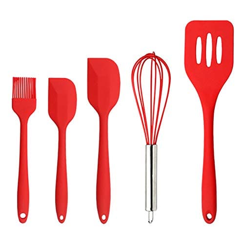 Silicone Cook Utensils, 5 Piece Kitchen Cooking Set, Includes Silicone Turner, Large Spatula, Small Spatula, Basting Brush, Whisk (Red)