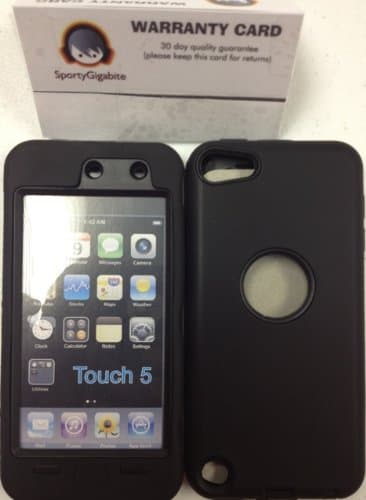 iPod 5 Touch Defender Style case (Black/Black) only by SportyGigabite + 30 Days warranty card.
