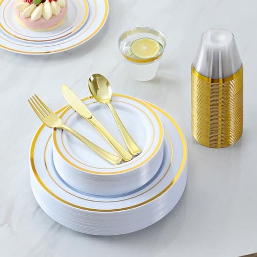 600 Pieces Gold Plastic Dinnerware for 100 Guests, Disposable Plastic Plates for Party Wedding Birthday, Includes 100 Dinner Plates, 100 Salad Plates, 100 Spoons, 100 Forks, 100 Knives, 100 Cups