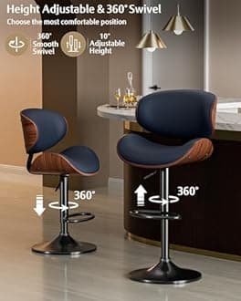 Bar Stools Set of 4, Adjustable Swivel Leather Bar Stools for Kitchen Island, Mid Century Modern Counter Height Bar Chairs Barstools with Back & Footrest (Blue)