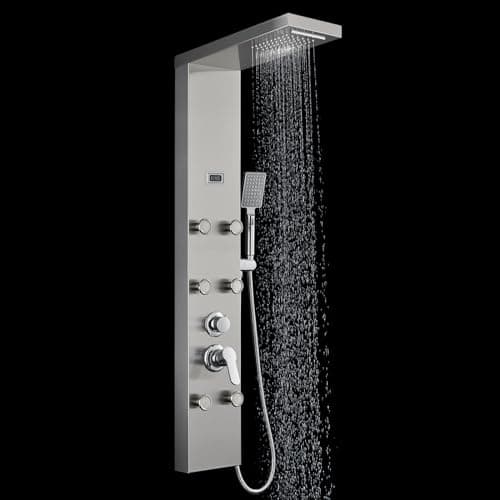 ROVOGO 6 Body Jets Shower Panel System with Rainfall Waterfall Shower Head and Handheld, Shower Tower Column with Temperature Display in Brushed Stainless Steel