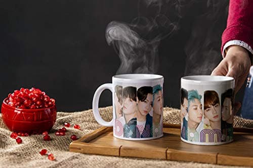 BTS Dynamite Mug Korean Boy Band Coffee Cups Easy Grip C-Shaped Handle Tea Coffee Ceramic Cup Ideal Presents for BTS Army Hard Core Fans Friends Music Lovers (White)