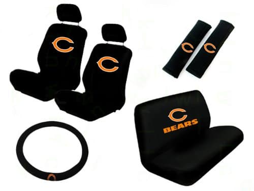 11 Piece NFL Auto Interior Gift Set - Chicago Bears - A Set of 2 Seat Covers, 1 Rear Bench Cover, 1 Steering Wheel, and A Set of 2 Seat Belt Pads