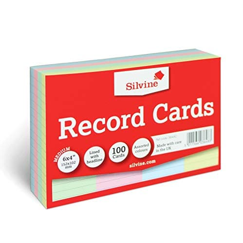 Silvine A6 Multi-Coloured Record Cards - Lined with Headline, 100 Cards Per Pack (Size 6x4"), 564AC