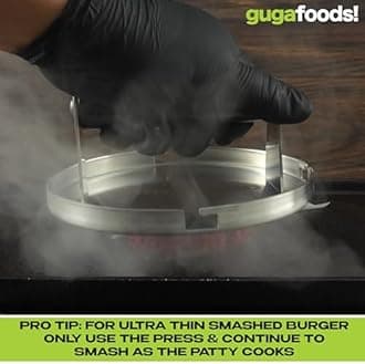 Guga Foods- Adjustable Burger Press, Stainless Steel Hamburger and Smashed Burger Press, Patty Maker for Grilling and Griddle, 3 Size Patties, Wooden Handle