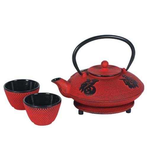 Red Cast Iron Tea Set- Teapot, Two Cups & Trivet