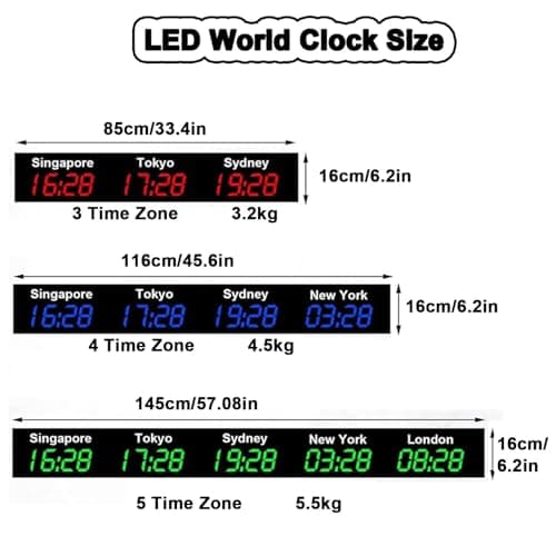 Wall Mounted World Clock, 3/4/5 City Time Zone LED Digital World Time Wall Clock Indoor Multi Time Zone World Wall Clock for Multinational Enterprises/Office/Home/Living Room/School,Red-5City