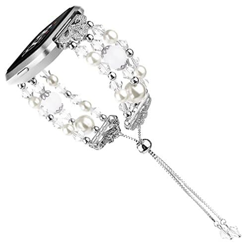 Imymax for Fitbit Versa Bands Adjustable Crystal Pearl Bracelet Replacement Women Girls Wristband for Fitbit Versa Lite Smart Watch Updated Style (White)