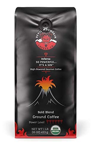 Devil Mountain Coffee Inferno Dark Roast Ground Coffee, Strong High Caffeine Coffee Beans, USDA Organic, Fair Trade, Bold Blend, Gourmet Artisan Roasted, Strongest Coffee in the World, 16 Oz Bag