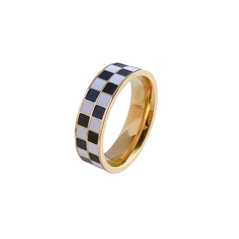 Checkerboard Bands Statement Finger Ring 14K Gold Black White Titanium steel Ring Size 5-10