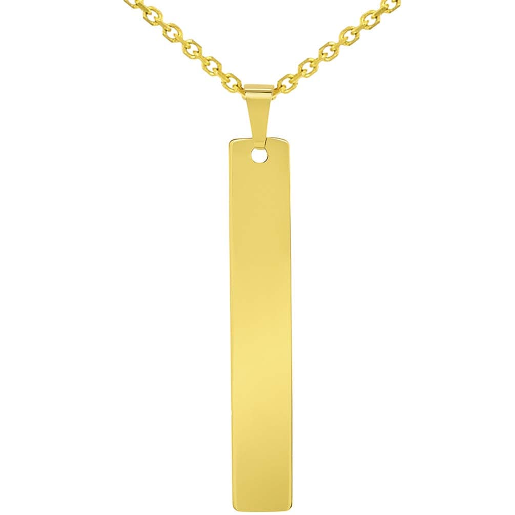 Solid 14k Yellow Gold Engravable Personalized Vertical Bar Charm Pendant with Cable, Curb, or Figaro Chain Necklaces
