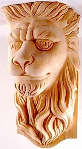 9-1/2"H X 6"W x 5-1/2"D Hand Carved Red Oak Wood Lion Head Corbel Onlay. CK602B