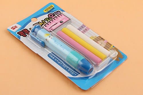 Blobfish Pen Pencil Style Shaped Press Erasers 3 Refills set Blue Pink and Yellow color Barrel Retractable Cute Design Back to School Rubber Stationery Great for Office School Home Use (Blue)