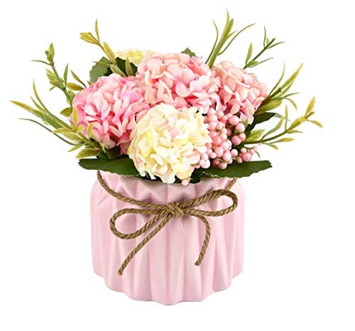 Artificial Hydrangea Flower Potted Artificial Plants,Hydrangea Silk Flowers with Ceramic Geometric Planter,Artificial Flower Bonsai for Living Room, Desk,Office, Shelf Decor