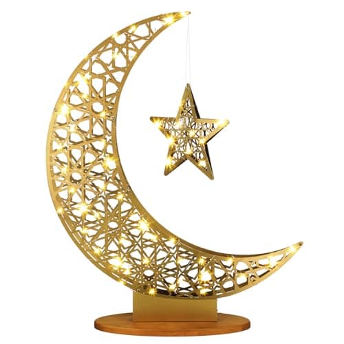 Large Eid Metal Moon Star Light Decor 26.4 Inch LED Ramadan Mubarak Crescent Lamp Ramadan Decorative LED Crescent Eid Crescent Lamp Mubarak Star Moon Lamp Stand with Battery Powered
