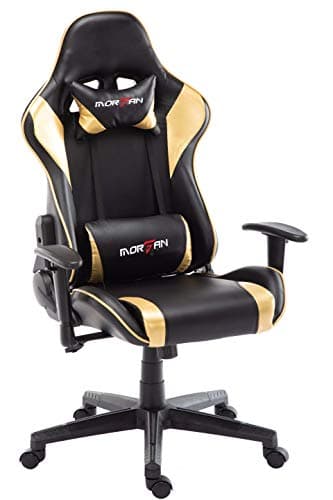Morfan Gaming Chair Massage and Rocking Function Computer PU Leather Swivel Racing Style Office Chair with Adjusted Headrest & Lumbar Support F Series (Black/Gold) …