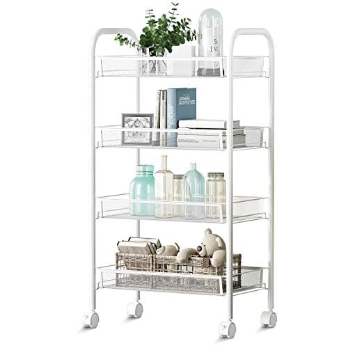 4-Tier Kitchen Carts on Wheels | Bathroom Shelving | Kitchen Island Utility Cart | Metal Mesh Rolling Cart | Storage Cart with Lockable Wheels and Removable Hook for Office, Kitchen, Bathroom (White)