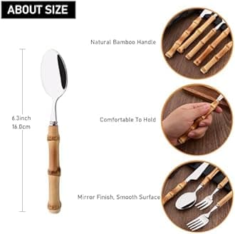 Dessert Spoon Set with Bamboo Handle, 8-Piece Stainless Steel Shiny Silver Dessert Spoon, Natural Bamboo Cutlery, Creative Design Small Spoons for Home Restaurant, 6.65 inch, Handcrafted