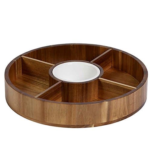 Denmark Acacia Chip and Dip Serving Set with Ceramic Bowl, Wood Platter and Removable Dividers