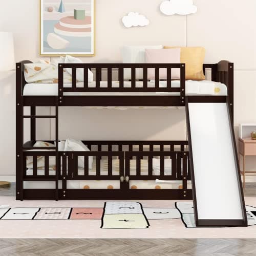 Bellemave Twin Over Twin Low Bunk Bed with Slide and Fence Railings Wood Floor Bunk Beds with Ladder for Kids Boys Girls Teens, Espresso