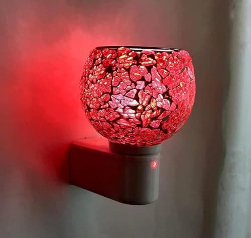 Kapur Dani Electrical Camphor Diffuser. Glass Kapoor Dhani & Essential Oil Diffuser with On Off Switch to Toggle Between Burner & Lamp (Red Glass)