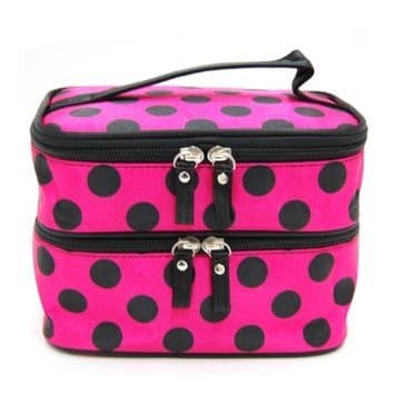 Icon Double Layer Dots Pattern Travel Toiletry Cosmetic Bag Makeup Organizer Travel Case With Mirror (Rose Red with Black dot)