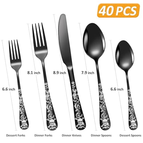 Skull Black Silverware Set for 8, 40-Piece Pirate Rose Flatware Set, Gothic Skeleton Flower Bat Knive Fork Spoon Cutlery Dinnerware for Decoration,Halloween horror,Christmas, Party, Gift,Housewarming
