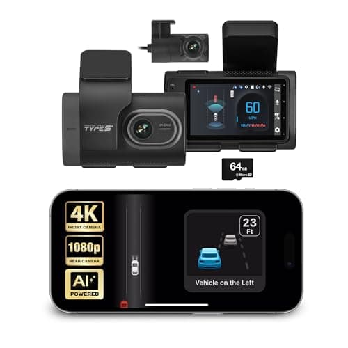 Type S T400 AI-Powered Driver Assistance 4K Dash Cam with ADAS, Collision Warnings, Lane and Pedestrian Detection, Vehicle Departure Reminders, Front Rear Smart Incident Video Surveillance, SD Card