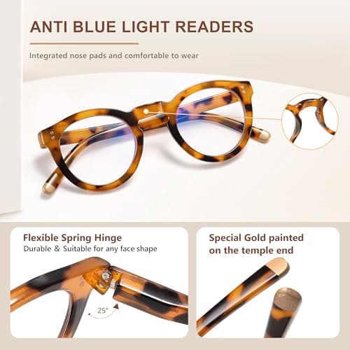 EASY READ Retro Round Blue Light Blocking Reading Glasses for Women,Anti UV Readers for Women with Spring Hinge