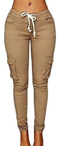 Cruiize Womens Casual Stretch Drawstring Skinny Solid Cargo Jogger Pants Light Khaki Small