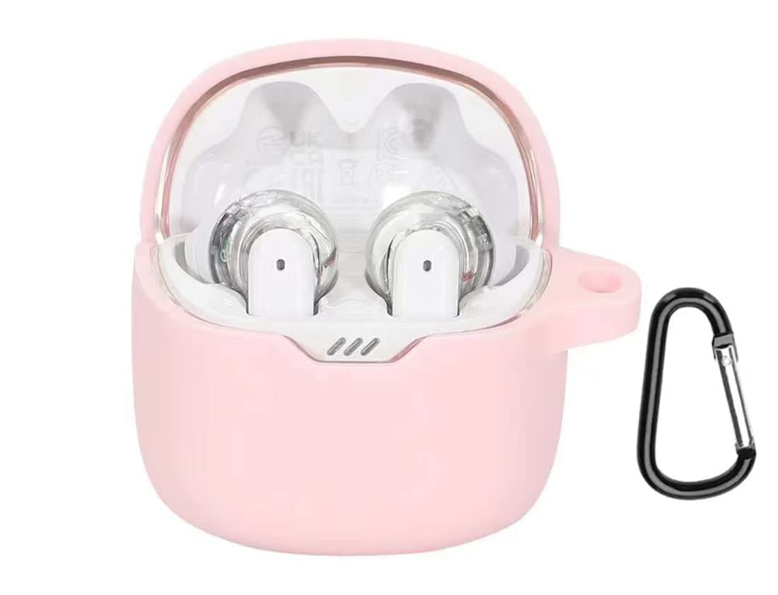 GadgetComCase Compatible with JBL Tune Flex, Shockproof Silicone Cover Earphone Pouch With Carabiner (Pink)