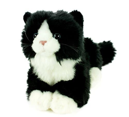 Plush soft toy cat lying down with sound, black and white toy animal cat, 23 cm