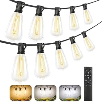 Brightever3-Colour in 1 LED Outdoor String Lights with Remote, 100 ft Edison Hanging String Lights for Outside Dimmable, Outdoor Lighting for Patio Café Bistro with 52 ST38 LED Bulbs, 2700 K/4000