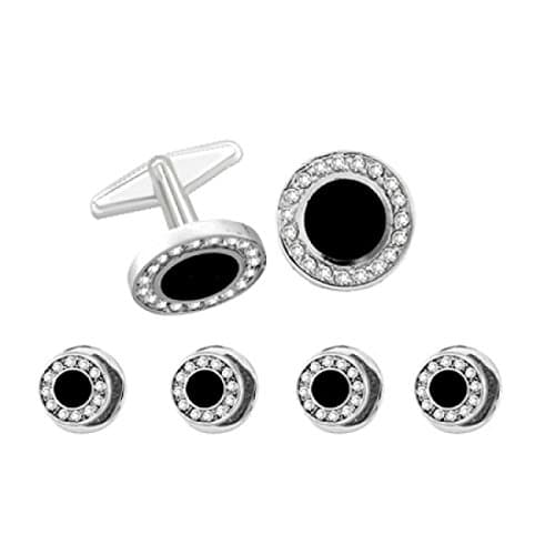 Alfa Perry Tuxedo Stud and Cufflink Set Silver Black Center with Surrounding Crystals