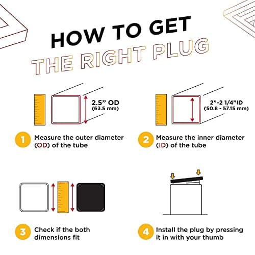 Prescott Plastics 2 1/2” (63.5mm) Outer Perimeter Ribbed Plastic Hole Plugs, Square Black Metal Tubing End Caps, Strong Furniture Leg Inserts, Impact & Weather Resistant, Made in The USA - 4 Pack