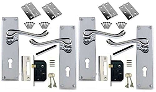 Victorian Scroll Chrome Door Handle Lock Pack with + 2 Lever Lock + Hinges (2) and Key - Polished Door Handles with Locks for Enhanced Security & Style - Sets of 2