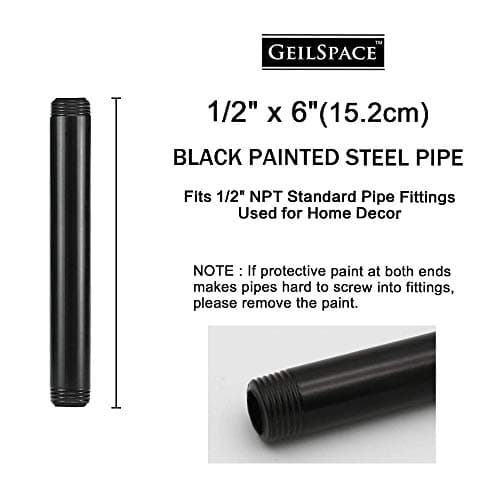 GeilSpace 6 Pack 1/2" × 6" Pre-Cut Black Metal Pipe, Industrial Steel Fits Standard Half Inch Black Threaded Pipes and Fittings - Vintage DIY Industrial Shelving (1/2" × 6")