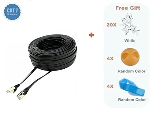 Biaze - Premium Flat CAT7 Ethernet Patch Network Cable Double Shielded RJ45, 10 Gigabit 600MHz for Switch / Router / Modem / Patch Panel - Gold Plated & Shielded RJ45 Connectors, 50 Feet Black