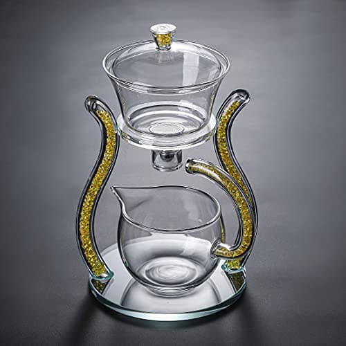 RORA Glass Teapot Set Semi Automatic Drip Rotating with Infuser Lazy Kungfu Tea pot Set (Yellow)