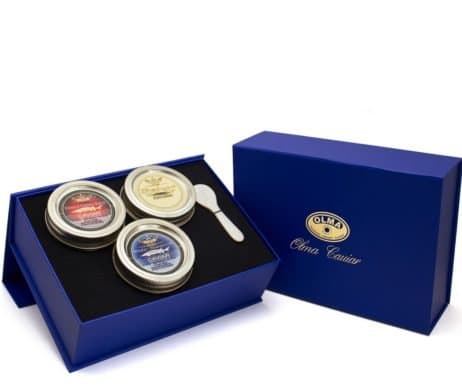 - OLMA Gold Collection Black Caviar Gift Box - Includes 10.5 oz of Beluga Sturgeon, White Sturgeon, Osetra Caviar & Mother of Pearl Serving Spoon - Overnight Delivery