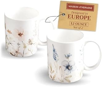 Maison d' Hermine Coffee Mug with Handles Fine Bone China Mugs Pack of Two Tea Cups for Hot Beverages Cappuccino Latte Home Restaurant Office Perfect for Gift (Ice Florals, 12 Ounce)