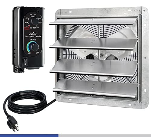 iLIVING 16" Wall Mount Shutter Exhaust Fan with Auto Shutter Thermostat and Variable Speed Controller, 0.85A, 1200CFM, 1800SQF Covered Area Silver (ILG8SF16V-ST)