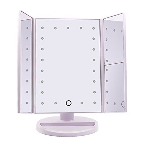 21 LED Tri-Fold Mirror - with Magnifying Side Mirrors 2X and 3X Magnification. Free Small 10x Suction Cup Mirror